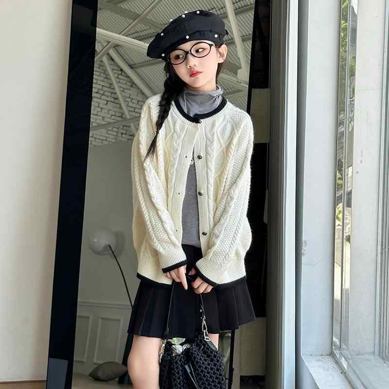 ニット カーディガン ガールズ 子供服 春秋 韓国風 ケーブル編み トップス 女の子 キッズ かわいい おしゃれ ニット セーター アウター 長袖 丸首 ショート丈 コットン 普段着 通学 発表会 120 130 140 150 160 170 ピンク