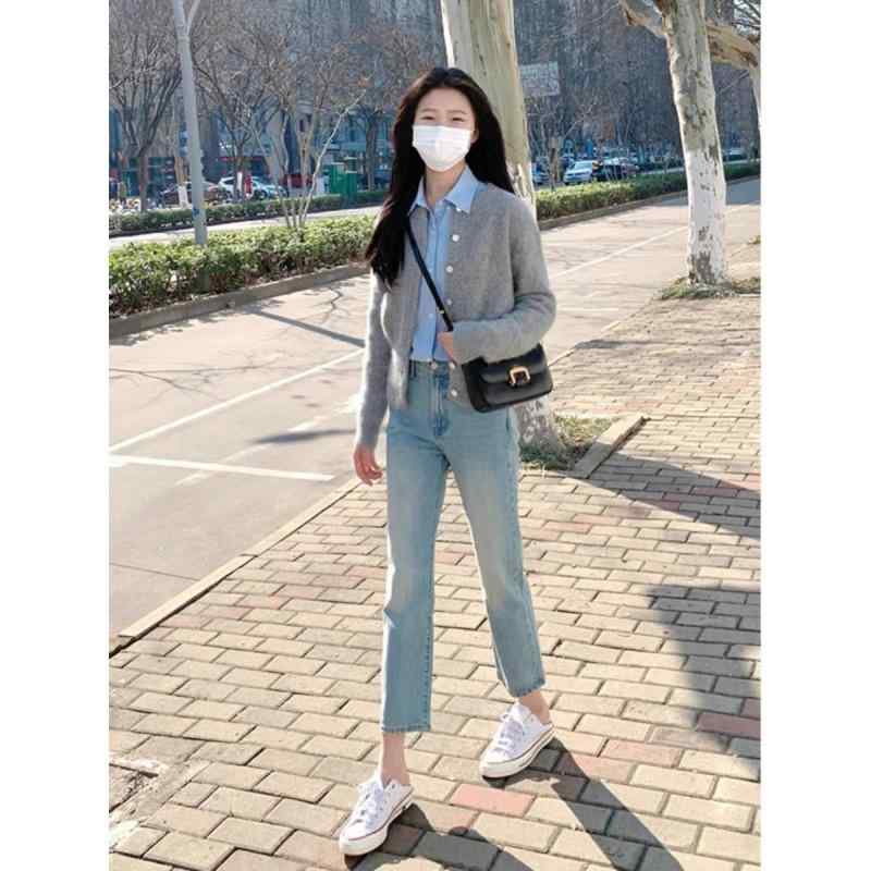 ニット セットアップ レディース 秋服 韓国風 きれいめ かわいい カジュアル 2点セット：ニット カーディガン トップス + デニム パンツ グレー ブルー 通勤 オフィス オフィスカジュアル