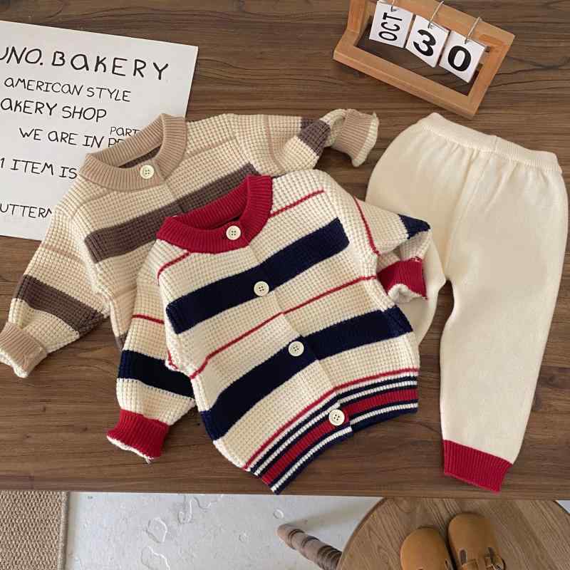 ニット ベビー服 男の子 ストライプ セーター カーディガン 上下セット 春秋 冬 幼児 普段着 かわいい おしゃれ 66cm 73cm 80cm 90cm