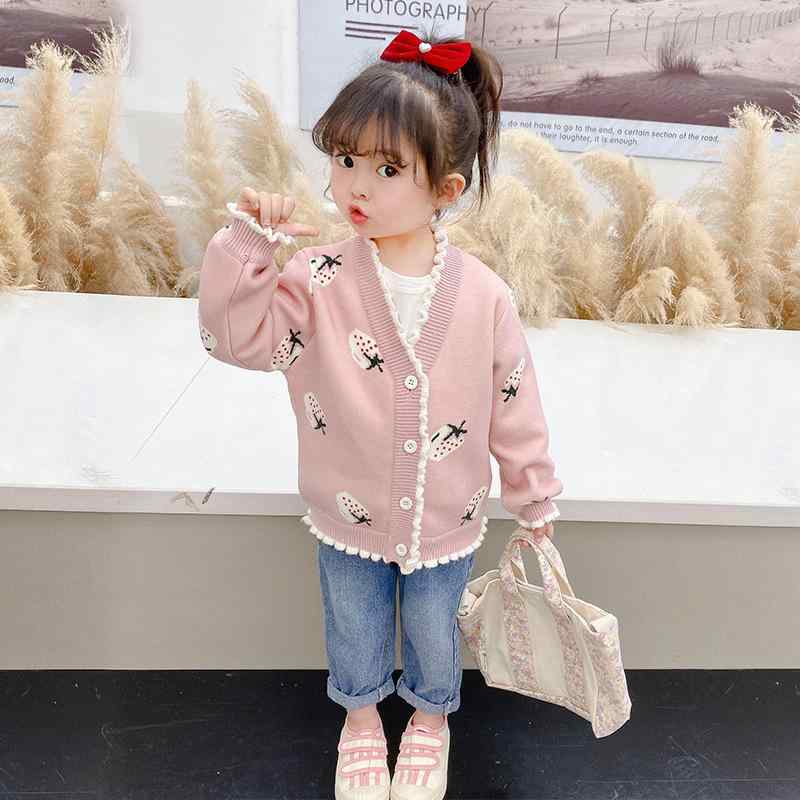 子供服 カーディガン 女の子 春秋 ニット トップス 長袖 Vネック 裏起毛 厚手 暖かい 韓国風 かわいい おしゃれ ストロベリー柄