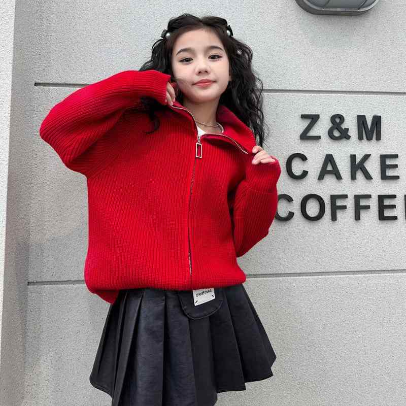 子供服 ニット カーディガン 女の子 秋冬 長袖 ジップアップ トップス 高学年 普段使い かわいい 厚手 赤