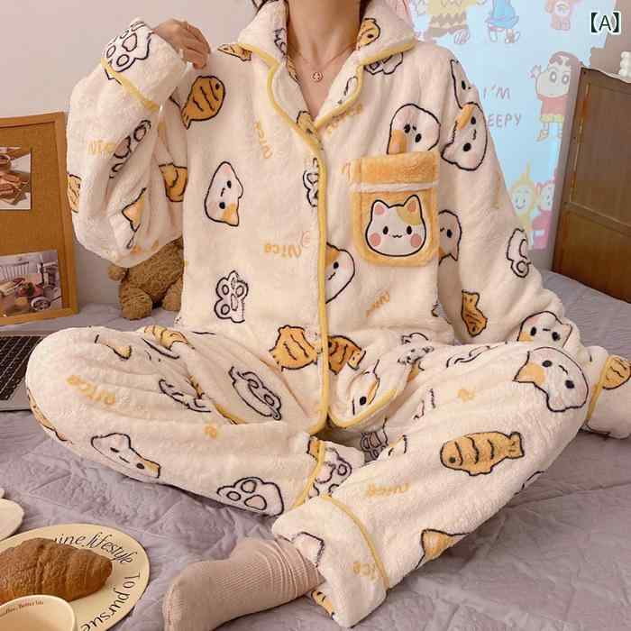 パジャマ レディース 秋冬 かわいい 韓国風 暖かい 長袖 長ズボン 厚手 珊瑚マイヤー 部屋着 寝間着 ルームウェア 上下セット ゆったり 普段使い M L XL XXL