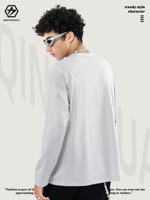 Tシャツ 男性用 長袖 コットン 春秋 無地 ルーズ ラウンドネック カットソー インナー 普段使い ブラック ホワイト グレー グリーン ベージュ パープル