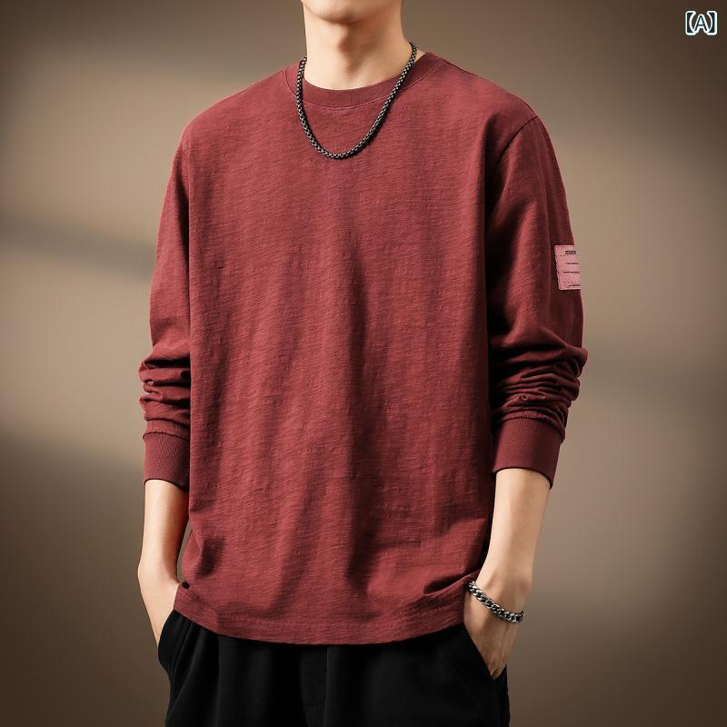 Tシャツ 男性用 竹節 綿 長袖 トップス ラウンドネック ゆったり 伸縮性 耐摩耗 レッド グレー 5,342円