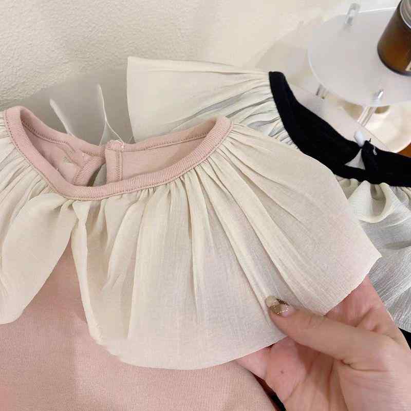 Tシャツ 女の子 子供服 春秋 長袖 カットソー フリル襟 かわいい おしゃれ トップス 通園 通学 ピンク ブラック系 コットン