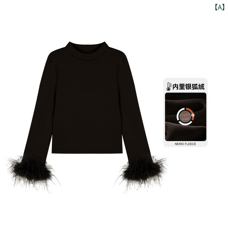 Tシャツ 女の子 トップス 秋冬 子供服 長袖 無地 ダチョウ毛 プルオーバー カットソー 綿100% 普段着 かわいい おしゃれ ガールズ キッズ ブラック ピンク系 ベージュ系