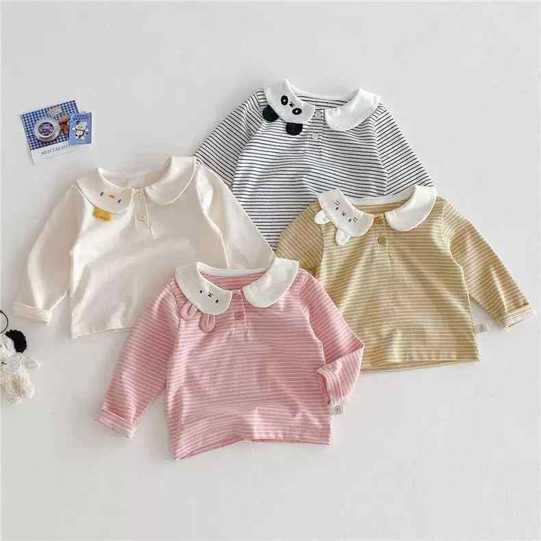 Tシャツ キッズ 長袖 春秋 かわいい カートゥーン ストライプ フリル襟 カットソー 女の子 子供服 ベビー 保育園 幼稚園 通園 普段着 ガールズ トップス 綿90% 80 90 100 110 120cm