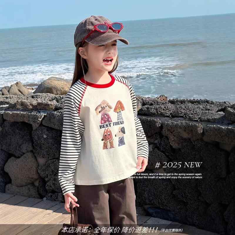 Tシャツ キッズ 子供服 長袖 春秋 かわいい プリント カットソー インナー 親子コーデ 綿100 黒白 ボーダー 紺色 緑 深みのある茶色 100 110 120 130 140 150 160