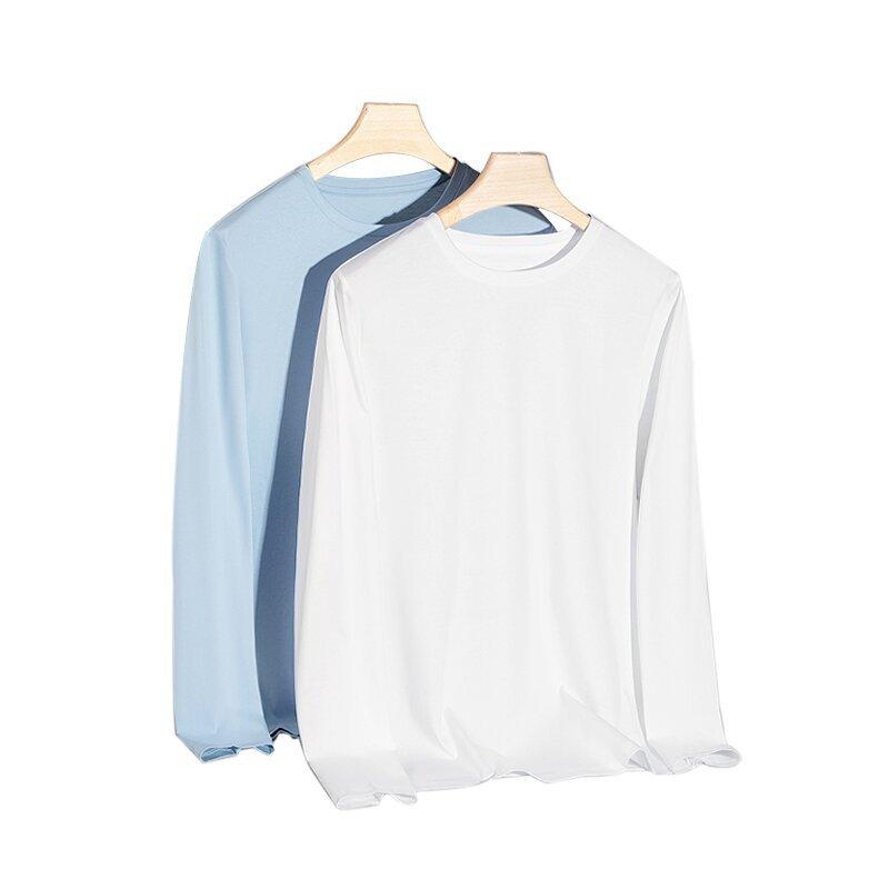 Tシャツ 男性用 ピマ綿 長袖 無地 丸首 コットン カジュアル インナーシャツ トップス 象牙白 ブラック グレー ブルー ベージュ パープル グリーン ネイビー