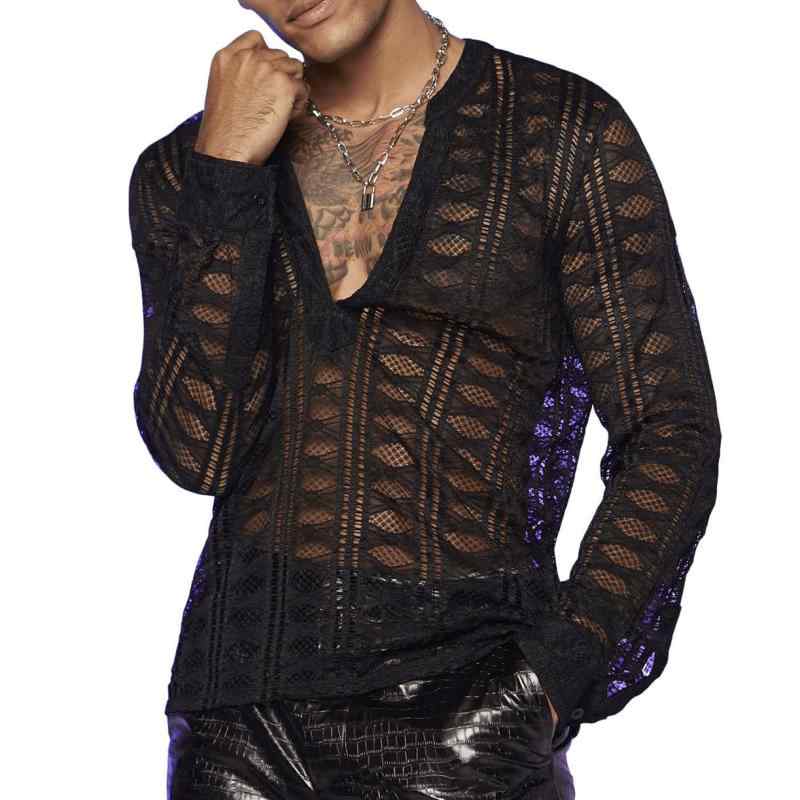 Tシャツ メンズ Vネック 長袖 トップス シースルー ストレッチ レース ポリエステル混紡 インナーシャツ スリムフィット 春秋冬 黒 白