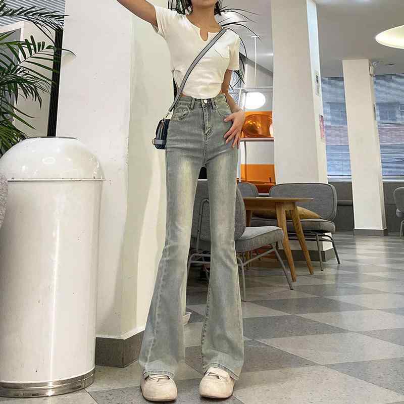 レディース ジーンズ 微喇パンツ ハイウエスト 牛仔パンツ 長ズボン 伸縮性 ライトブルー ブラックグレー コットン素材 通勤スタイル 気質優雅 洗い加工 微喇シルエット 春秋 軽量 吸湿速乾 普段使い 切り替えデザイン