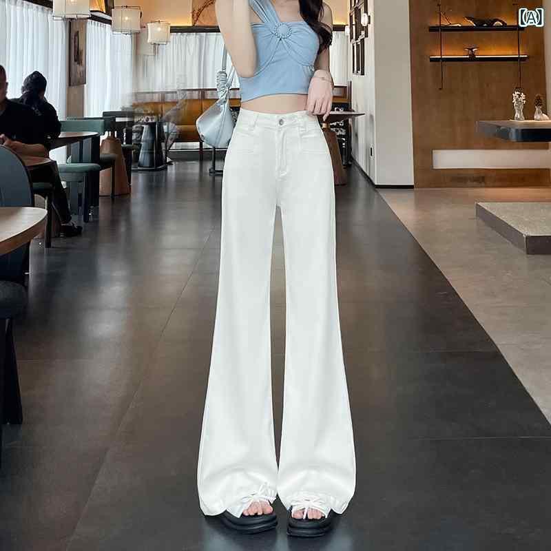レディース デニムパンツ 白色 夏用 高腰 顯・覧 ワイドレッグ ロング丈 微喇 薄手 微弾性 日韓カジュアル 接触冷感 再生繊維 普段使い 軽量 ストレッチ 通勤 通年 トップス コーデ アイボリー ピンク系 ビッグシルエット ハイウエスト