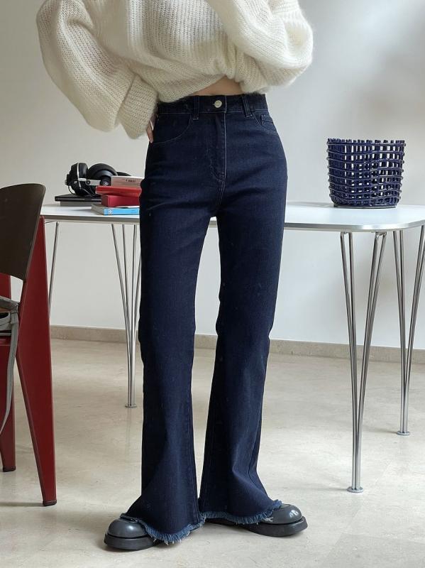 レディース デニムパンツ 秋冬 高腰 フレア 微弾性 快適 修身 スリム 日常使い コットン ポリエステル ミディアム厚 毛フェザリーム ダークブルー 切り替え 韓国風 カジュアル 中性スタイル ロング丈 軽量 伸縮性 吸湿速乾
