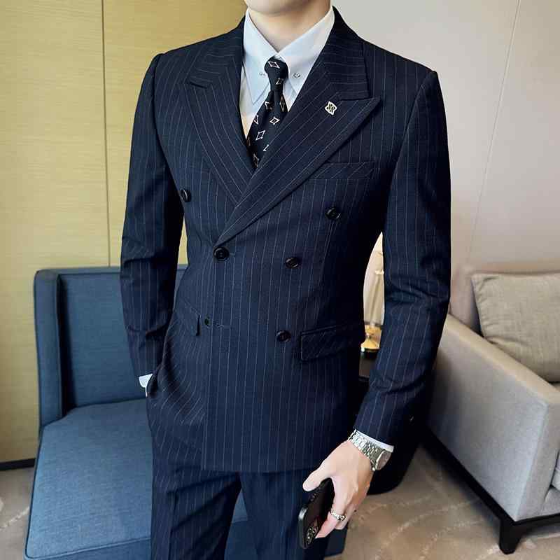 スーツ メンズ 男性用 ストライプ柄 ビジネス フォーマル 結婚式 パーティー ダブルブレスト サイドベンツ コットン混紡 テーラード スリムフィット 秋 黒 紺