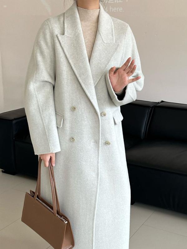 コート レディース 秋冬 ウール ロング丈 ダブルブレスト ゆったり 厚手 無地 通勤 オフィス カジュアル きれいめ 上品 エレガント 高見え 高級感 グレー ブラック|イーマイショップ