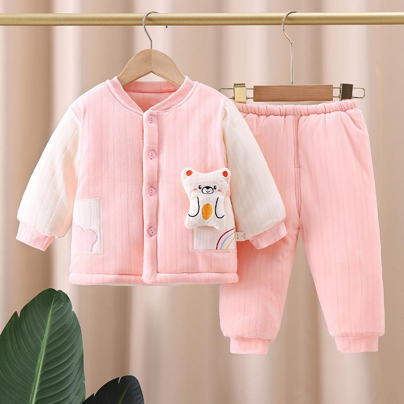 ベビー服 秋冬コットンセットアップ 男女兼用 乳幼児向け 厚手 長袖 トップス パンツ 上下セット かわいい動物柄 柔らかい 暖かい 80cm 90cm 100cm ピンク ブルー コーヒー