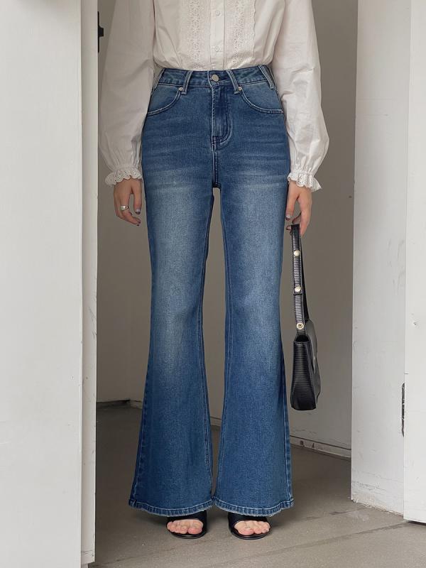 デニムパンツ レディース ハイウエスト 微喇 ワイドレッグ 春夏 コットン ポリエステル 混紡 微弾性 基本スタイル 長丈 ドラッグ ブルー 洗い加工 韓国風 カジュアル 快適 普段使い 軽量 ストレッチ ゆったり 脚長効果