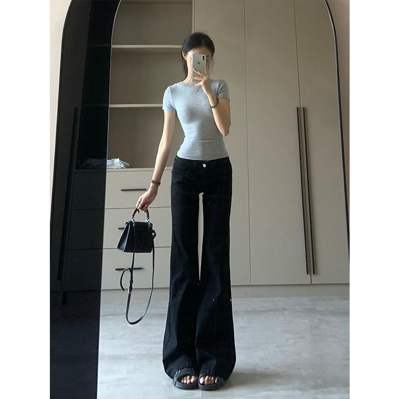 パンツ 女性用 春夏 牛仔パンツ 黒 ロング丈 高腰 ワイドレッグ フレア スリム ストレッチ デニム 吸湿速乾 軽量 伸縮性 普段使い 通勤 通年対応 ミモレ丈 脚長効果 ラウンドトゥ