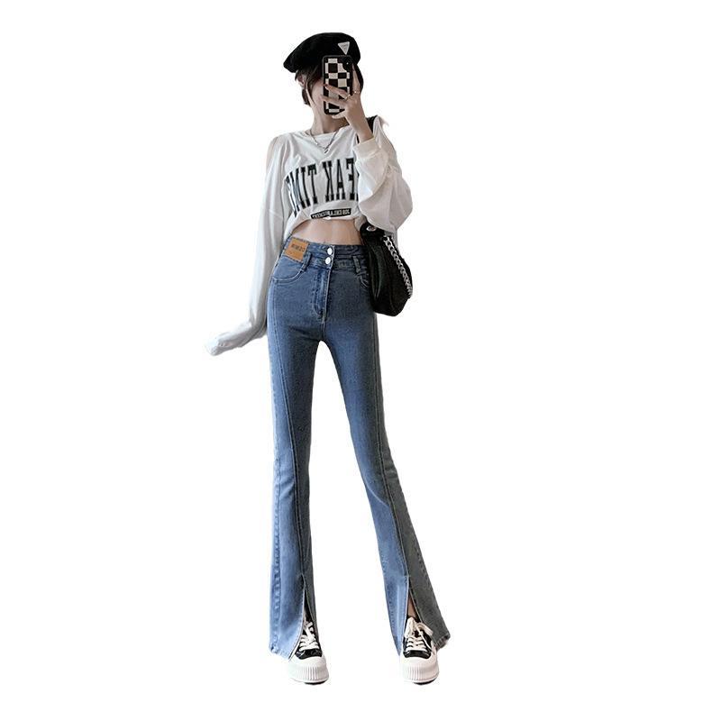 レディース 牛仔パンツ 秋冬 微喇叭 ハイウエスト ロング ストレート スリム ペンシル スリット 切り替え コットン ストレッチ 厚手 水洗加工 復古ブルー ブラック 高弾性 修身 ストリート トレンド 普段使い 軽量 通勤 カジュアル デニム ロング