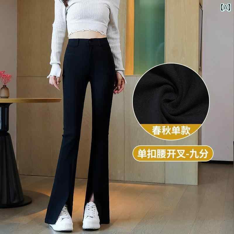 レディース デニムパンツ 高腰 マイクロフレア 九分丈 ブラック 修身 薄手 切り替え ポケット 付 伸縮性 吸湿速乾 快適 普段使い 通勤 秋冬 カジュアルスタイル 日韓風