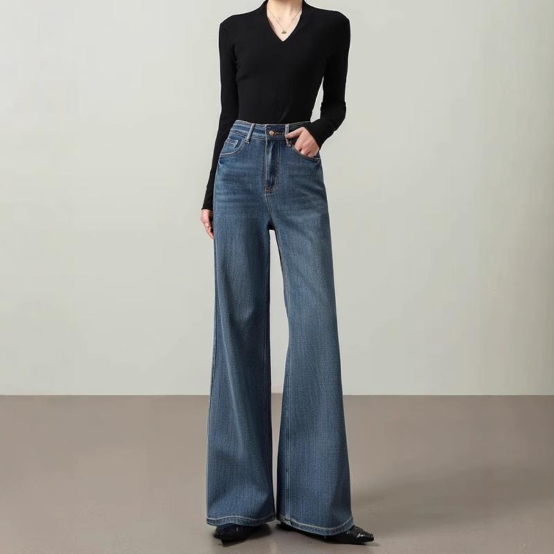 デニム レディース 闊腿パンツ ベルボトム ジーンズ 高見え 高身長 スタイルアップ 美脚 ロングパンツ 通勤 OL 無地 ストレッチ ウォッシュ加工 ゆったりめ