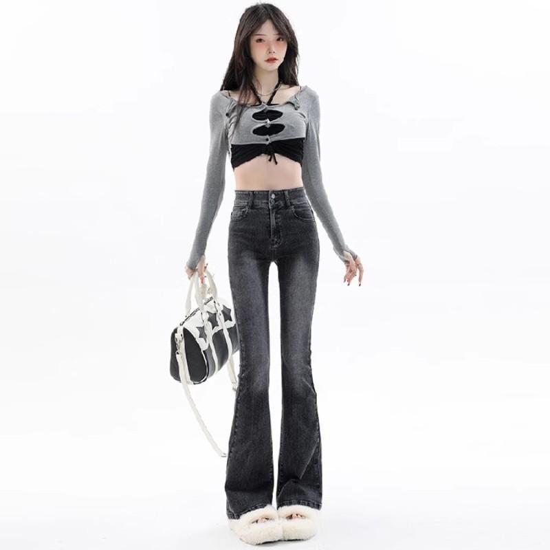レディース 牛仔パンツ 微喇 ハイウエスト 修身 馬蹄 フレアパンツ グレー ブラック 復古 ストリートファッション コットン ポリエステル 中厚 伸縮性 吸湿速乾 快適 普段使い 通勤 秋冬 切り替え ボタン ロング丈 スリム シルエット デニム トレ