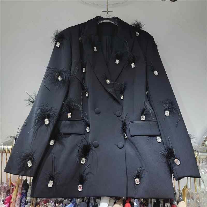 ジャケット レディース 高級感 水? フェザー ブレザージャケット ダブルブレスト ゆったり 婦人服 アウター トップス 長袖 ポリエステル 秋冬 エレガント ストリート ブラック ホワイト