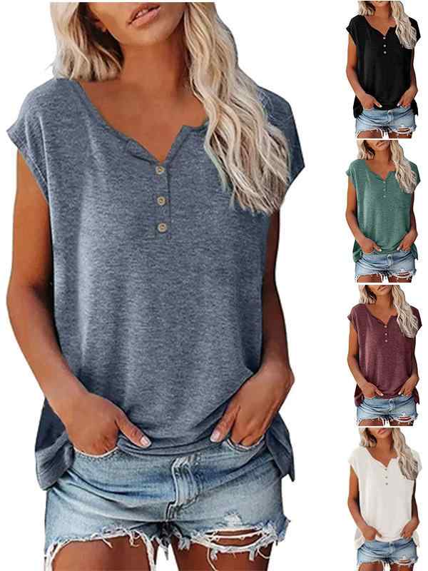 Tシャツ レディース 半袖 Tシャツ カットソー ラウンドネック 無地 ボタン 留め コットン混紡 接触冷感 ゆったり 普段使い 通勤 カジュアル スタイル 白 黒 赤 青 緑 春夏