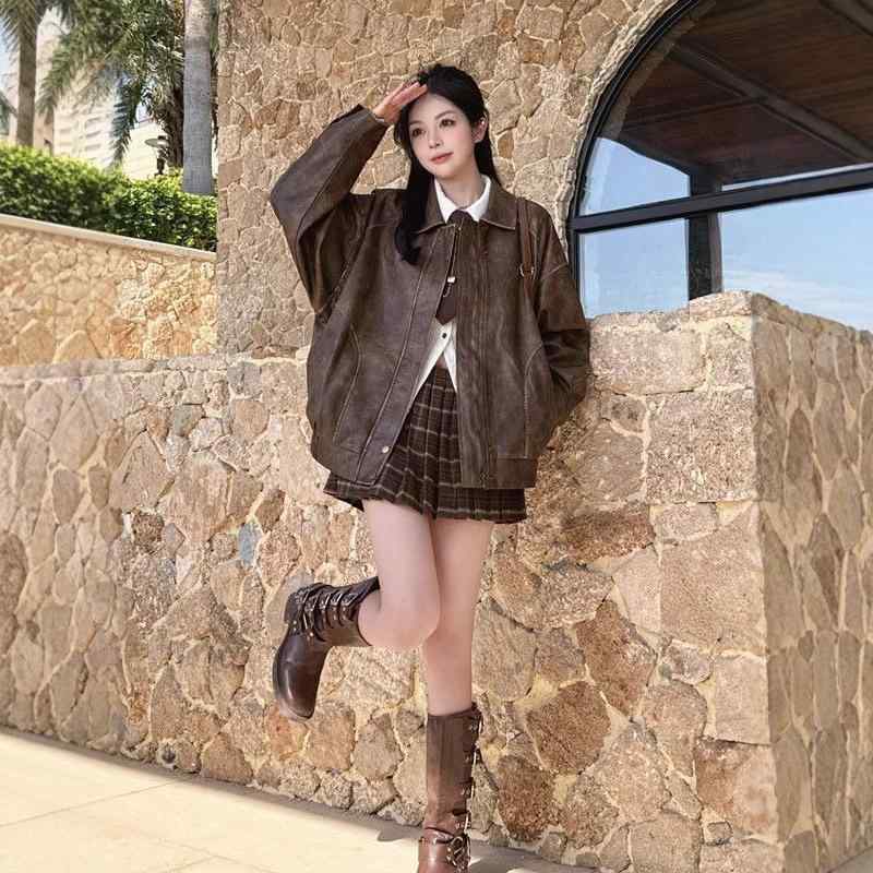 レザージャケット レディース 春秋 ブルゾン アウター ライダースジャケット PUレザー 婦人服 ジャンパー 長袖 接触冷感 ブラウン ブラック