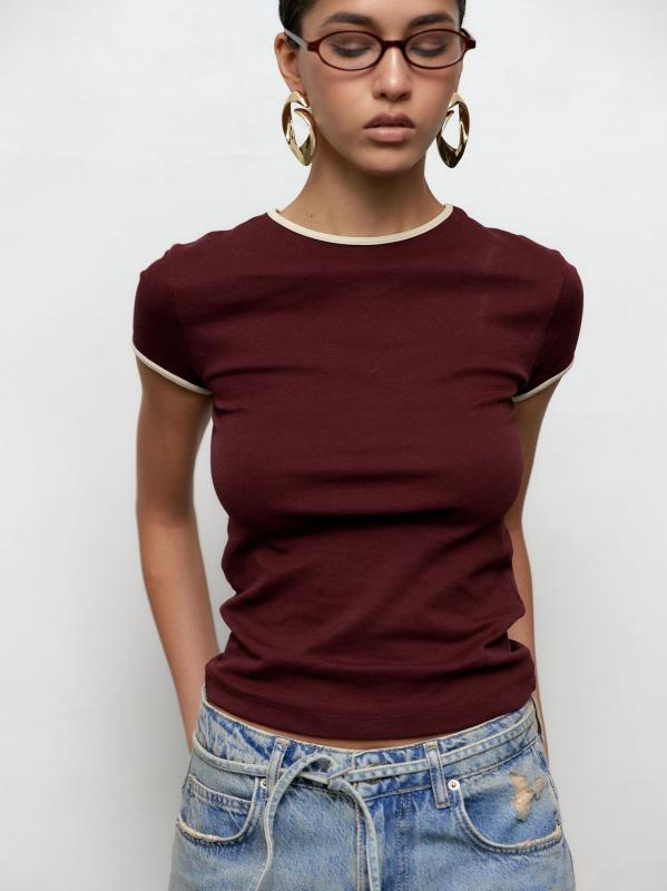 Tシャツ レディース 半袖 ラウンドネック 切り替え コットン 夏 ストリート 深紅 深棕色 通勤 百搭 トップス