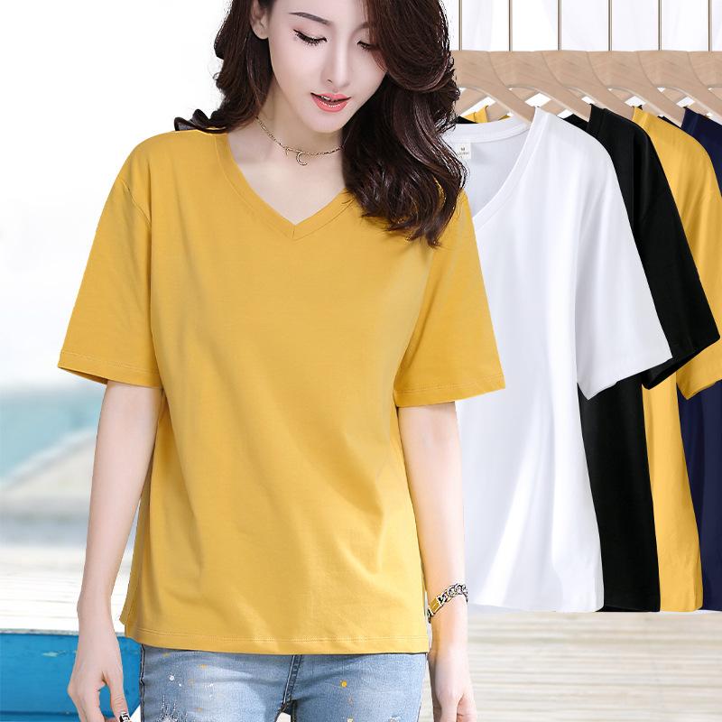 Tシャツ レディース 半袖 Vネック コットン ゆったり 体型カバー 無地 カットソー トップス 白 黒 紺 黄色系 大きいサイズ 通勤 普段使い