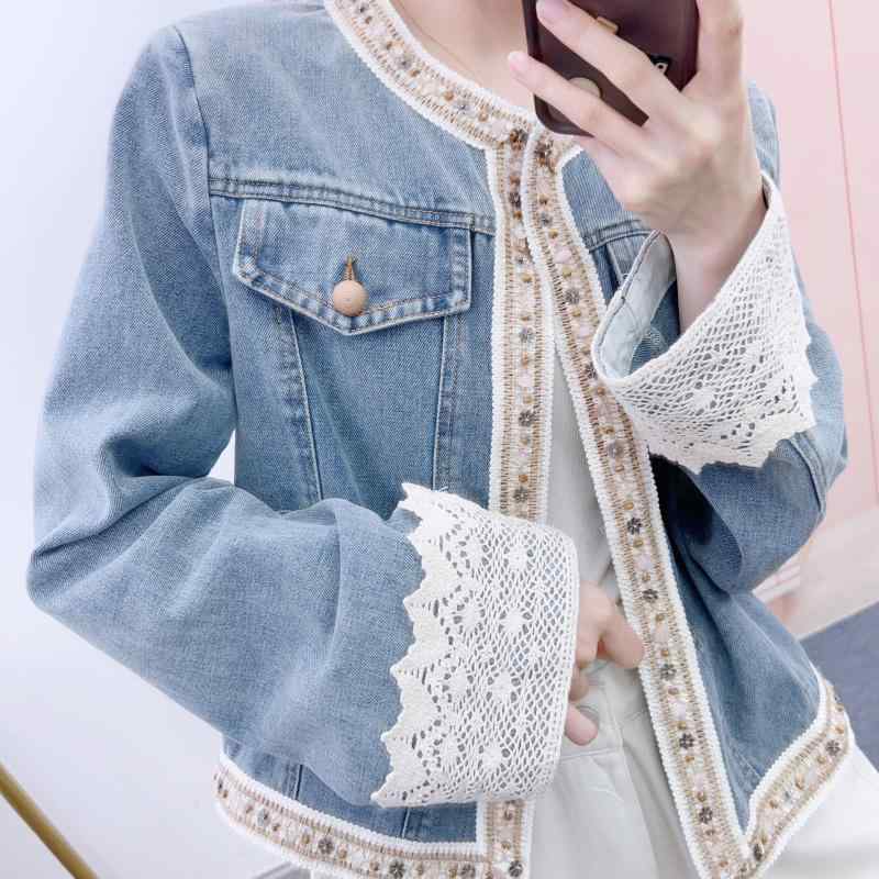 ジャケット レディース デニムジャケット 切り替え レース 襟付き 長袖 デニムブルー M L XL カジュアル 日韓風