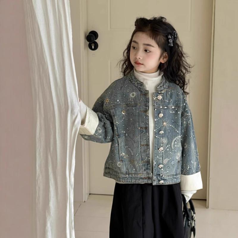 赤ちゃん服 御姉さん 上衣 中綿入り口・入口 ジーンズ上衣 キッズ ガールズ アウター 前掛け 上衣 防寒着 秋冬 厚地の外套 厚地の外套 中大 детска дреха 刺しゅう 花柄 愛くるしげ 妃殿下表現スタイル