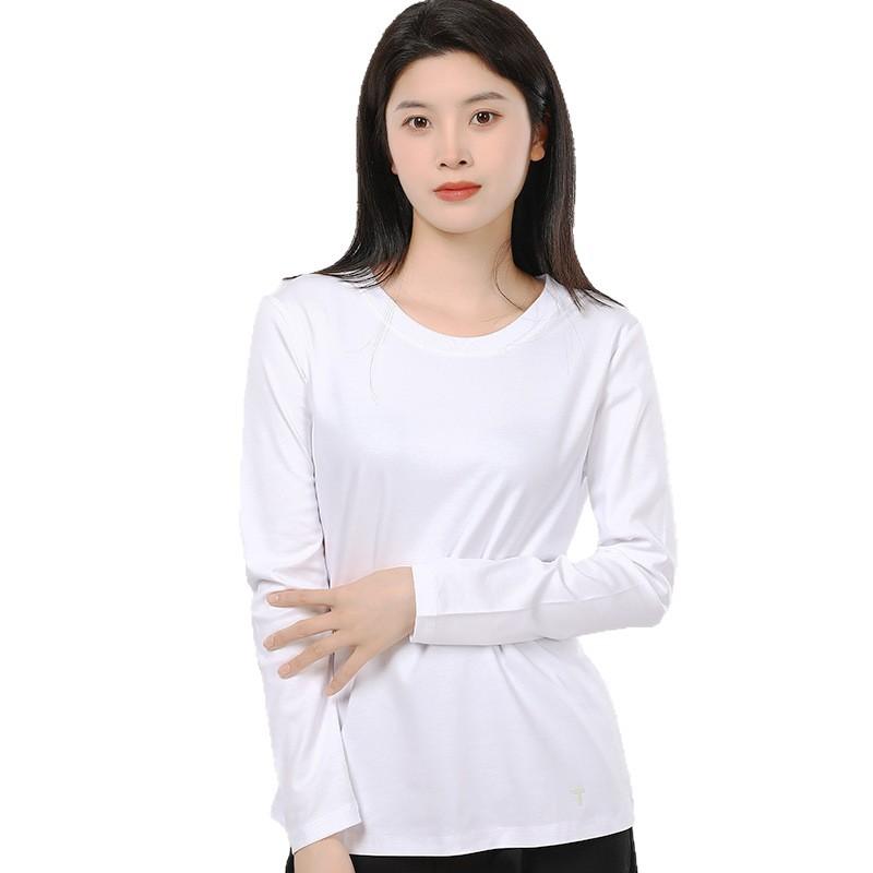 Tシャツ レディース 春秋 ラウンドネック 長袖 トップス 三防 新疆綿 シンプル カジュアル 通勤 ホワイト ブラック