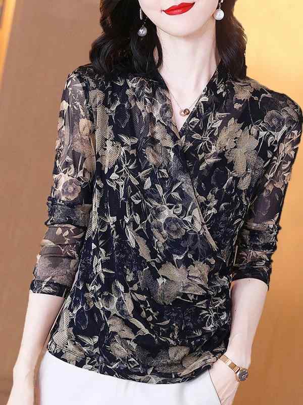 Tシャツ レディース 春秋 Vネック 半袖 長袖 カットソー トップス 花柄 黒 緑 修身 綿 接触冷感 通勤 きれいめ かわいい