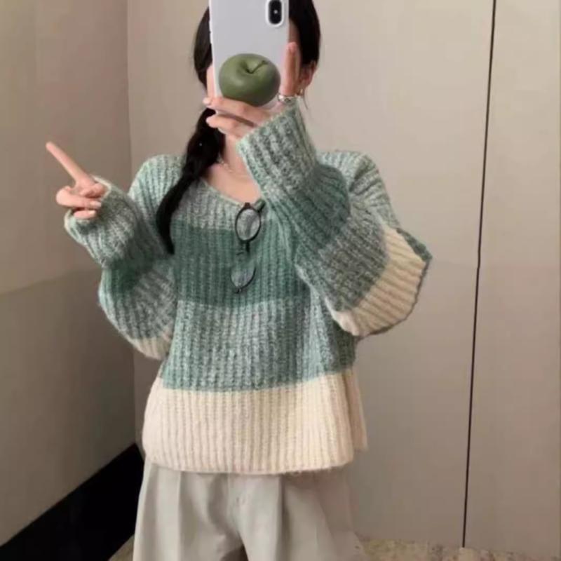 ニット レディース 秋冬 配色 ボーダー ゆったり 長袖 トップス プルオーバー 厚手 幾何学模様 赤 グリーン ブラウン 柔らか かわいい 韓国風 デイリー 普段使い