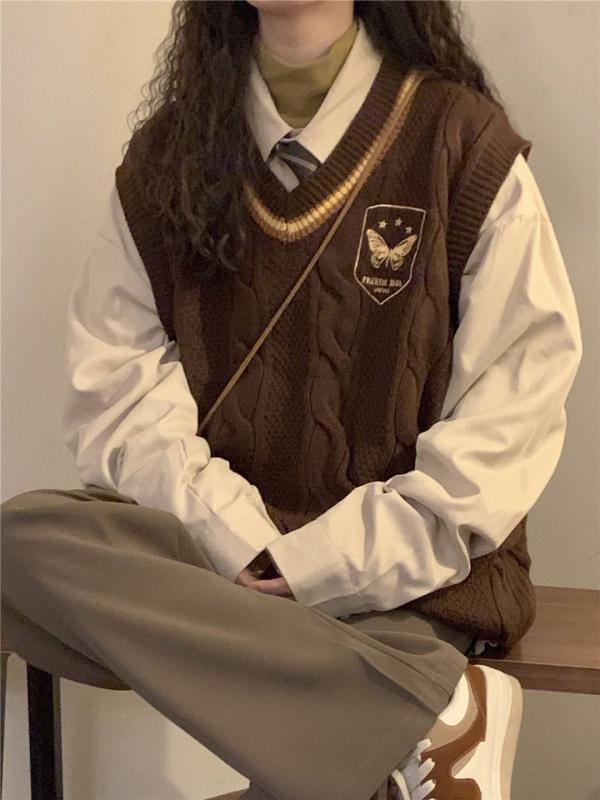 ニットベスト レディース Vネック 学院風 トップス 秋冬 レイヤード 重ね着 ゆったり リブ 杏色 栗色 かわいい セーター