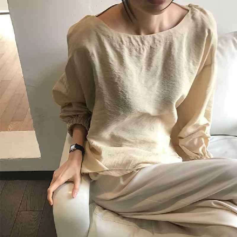 シャツ レディース 春夏 韓系 シンプル 気質 ラウンドネック リボン ゆったり 泡泡袖 長袖 トップス 切り替え 人造絹 無地 セットイン ゆったりシルエット 普通丈 ユニセックス 普段使い カジュアル ベーシック ベージュ ブラック 接触冷感 軽量