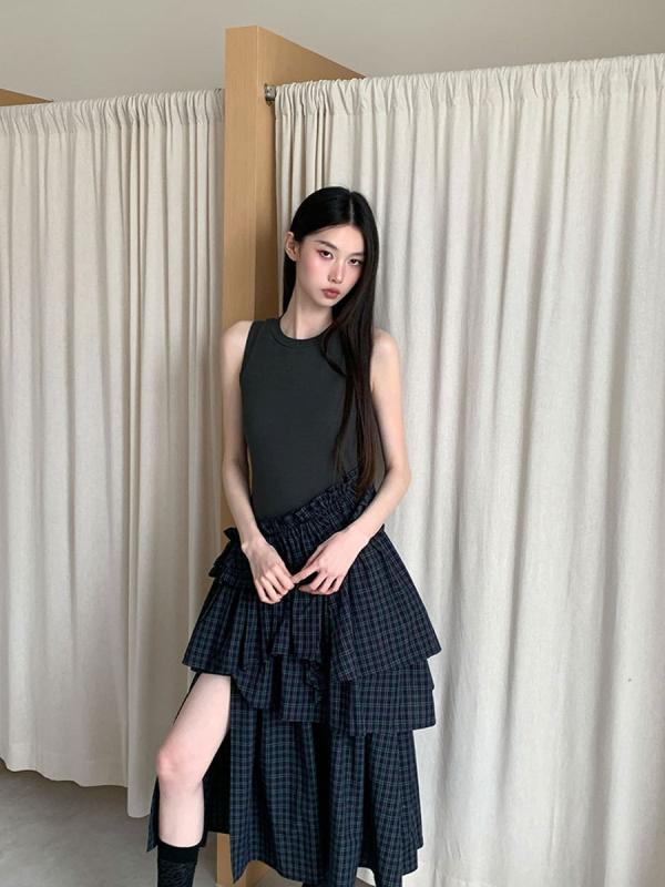 ワンピース レディース 格子柄 切り替え スリム Aライン ノースリーブ 膝丈ワンピース 普段使い 通勤 春夏