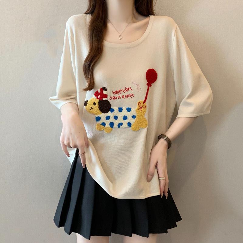 Tシャツ レディース 半袖 接触冷感 ニット Uネック 犬柄 トップス チュニック ゆったり 体型カバー 大きいサイズ 杏色 ブラック 普段使い