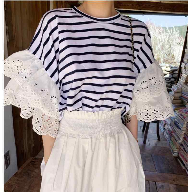 レディース Tシャツ トップス レース 切り替え ゆったり 半袖 丸首 フレアスリーブ 綿混 ポリエステル 接触冷感 軽量 吸湿速乾 日系 韓国風 快適 日常使い 夏 春夏 白 ストライプ ドット 柄 ビッグシルエット カジュアル