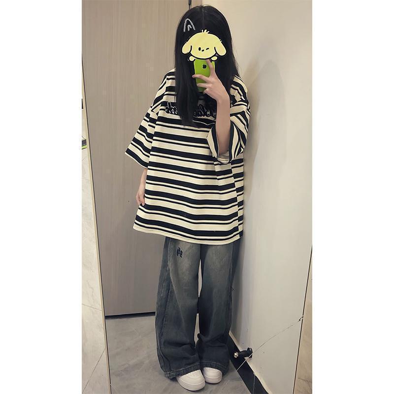 Tシャツ レディース ストライプ柄 モダール繊維 半袖 立襟 プリント 抽象柄 トップス カットソー Aライン ゆったり 普段使い 通勤 通学 ブラック系 ホワイト系
