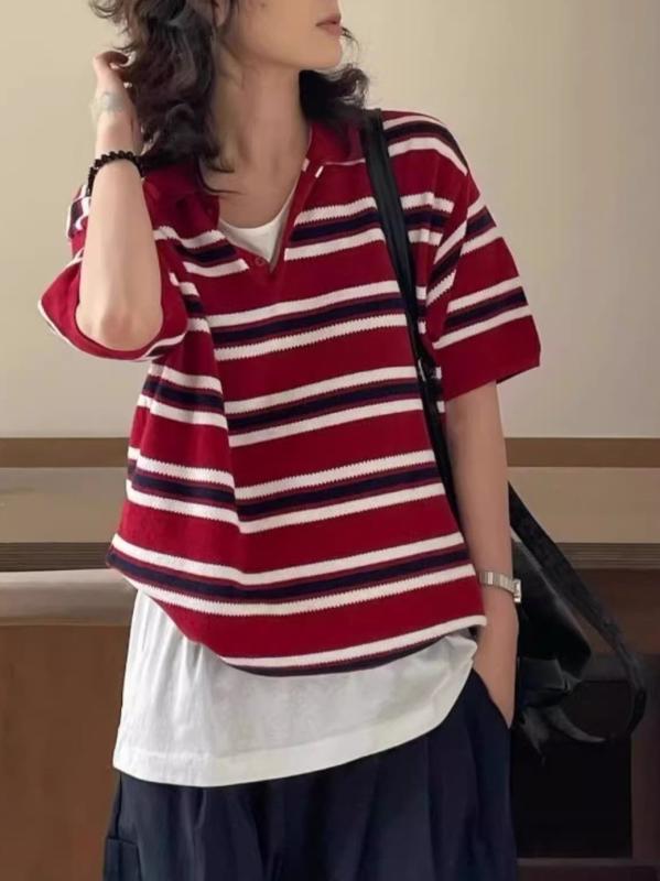 Tシャツ レディース 半袖 トップス 配色 ストライプ柄 ポロネック カットソー ゆったり 日韓スタイル カジュアル