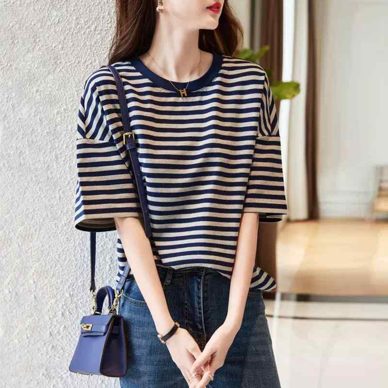 Tシャツ レディース ブルー ストライプ 半袖 コットン ゆったり ラウンドネック トップス カジュアル 通勤 通学 普段使い かわいい 春夏