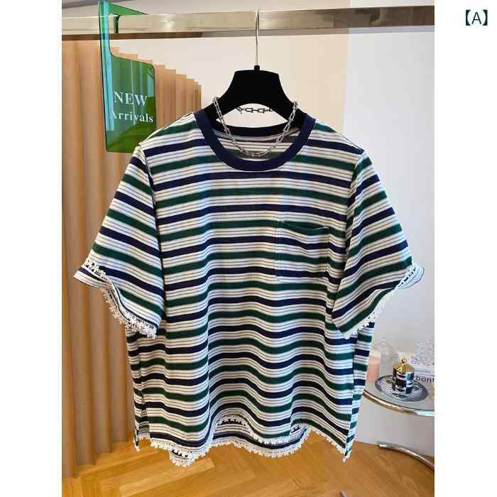 Tシャツ レディース 大きいサイズ ストライプ 半袖 ゆったり 学院風 トップス 接触冷感 ポリエステル かわいい グリーン M L XL 2XL 3XL 4XL