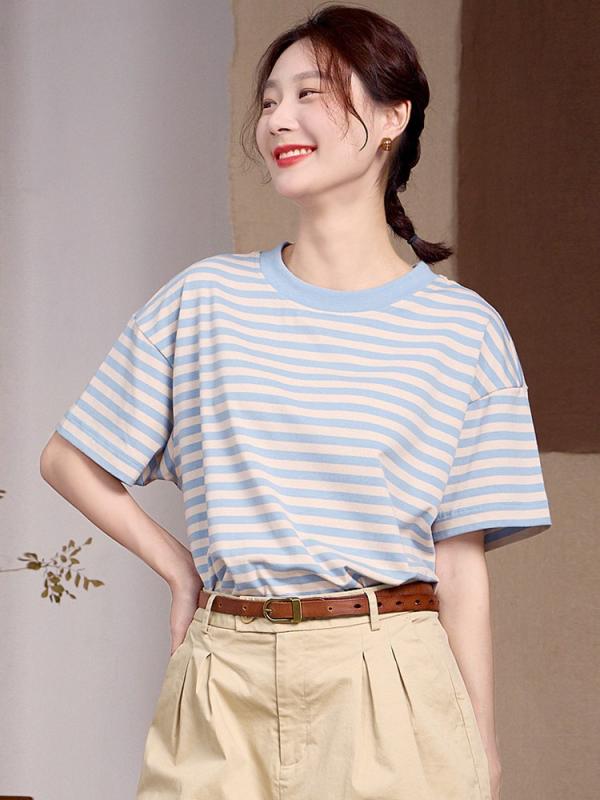 Tシャツ レディース 半袖 ストライプ コットン 柔らかい 伸縮性 ゆったり トップス ブルー系