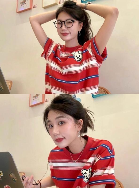 Tシャツ レディース 半袖 美式 レトロ ストライプ 犬柄 ゆったり 学院風 カットソー ポリエステル 普段使い レッド