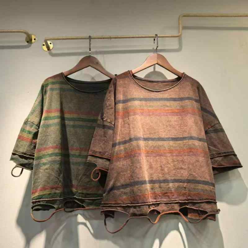 Tシャツ レディース 半袖 ゆったり カットソー ボーダー柄 ダメージ加工 ドロップショルダー トップス 綿 日韓スタイル カジュアル 春夏 4,360円
