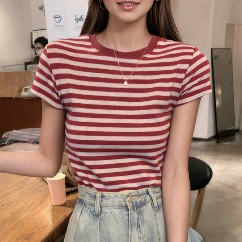 Tシャツ レディース 春夏 ストライプ柄 半袖 スリムフィット ポリエステル 普段使い 街頭風 赤 黒