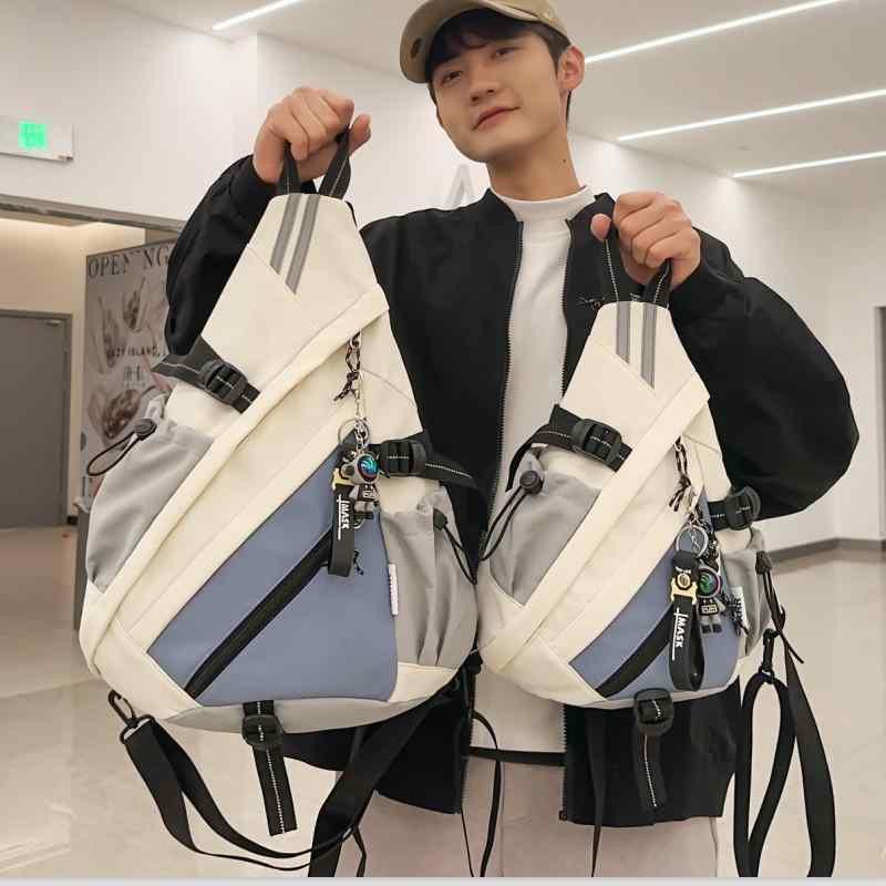 メンズ バックパック 学生用 大容量 ショルダーバッグ 斜めがけ サイクリング 休? ワークウェア 風 ポリエステル ナイロン ライニング クラッシュカラー 収納 10インチ ノートPC対応 米白色 赤 カーキ 黒 米白 赤系 カーキ系 ブラック 小型
